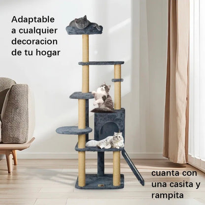 Torre Árbol Rascador Para Gato Con Casa Gris 132cm