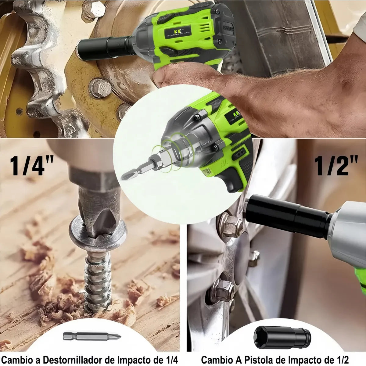 Kit 3 en 1 Taladro Percutor Brushless + Esmeriladora Inalámbrica + Llave Impacto Sin Escobillas