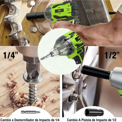 Kit 3 en 1 Taladro Percutor Brushless + Esmeriladora Inalámbrica + Llave Impacto Sin Escobillas