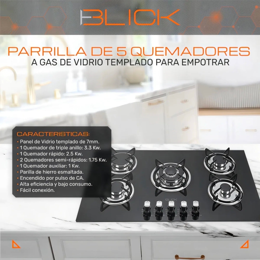 Parrilla Blick empotrable 5 quemadores  cristal templado