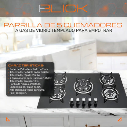 Parrilla Blick empotrable 5 quemadores  cristal templado