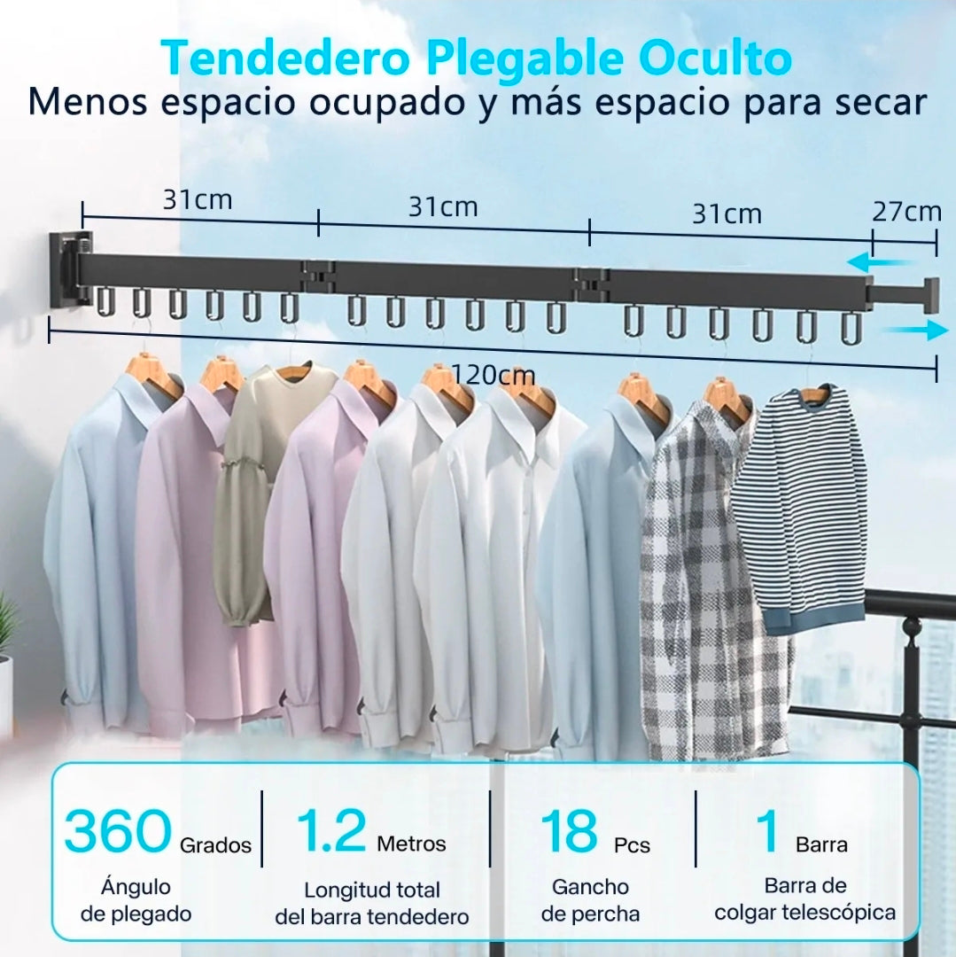 Tendedero Ropa Retráctil Triple Plegable 1.2m Con 18 Ganchos