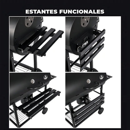 Asadores carbon de barril móvil con ruedas termómetro y mesa auxiliar acero inoxidable