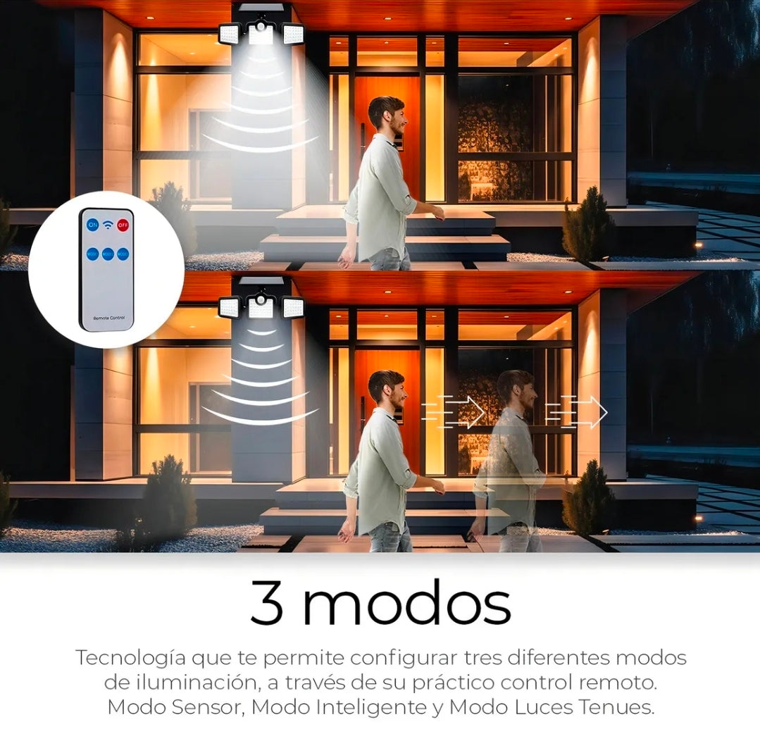 2 Lamparas solares con 3 cabezales / sensor de movimiento 108 Leds