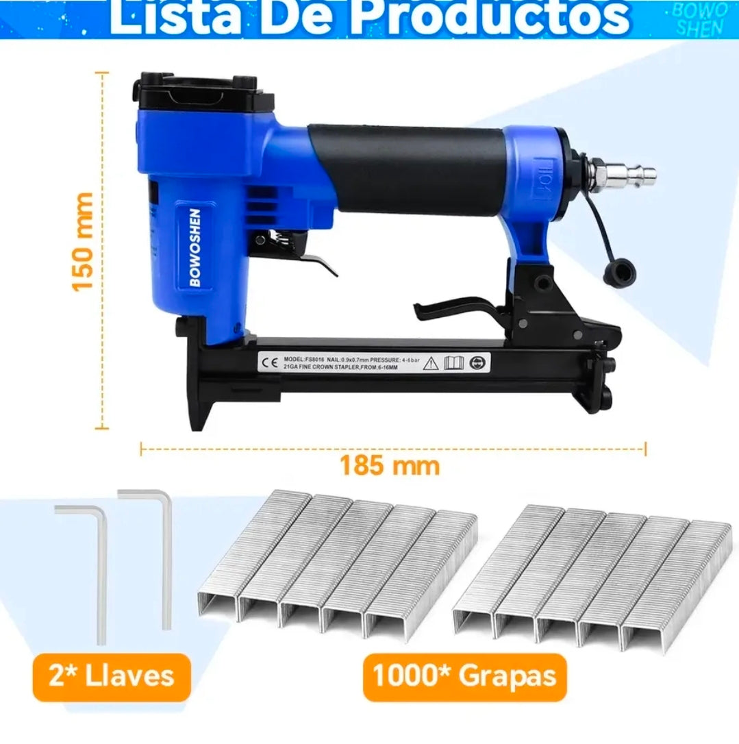 Engrapadora Neumática BOWOSHEN Industrial Profesional Con 1000 Grapas Calibre 22
