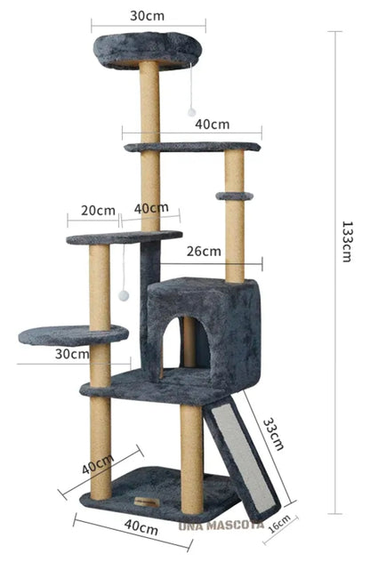 Torre Árbol Rascador Para Gato Con Casa Gris 132cm