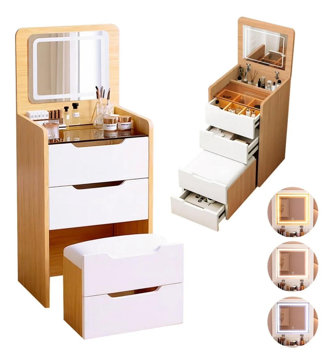 Buró tocador con espejo LED y banco oculto 4 cajones
