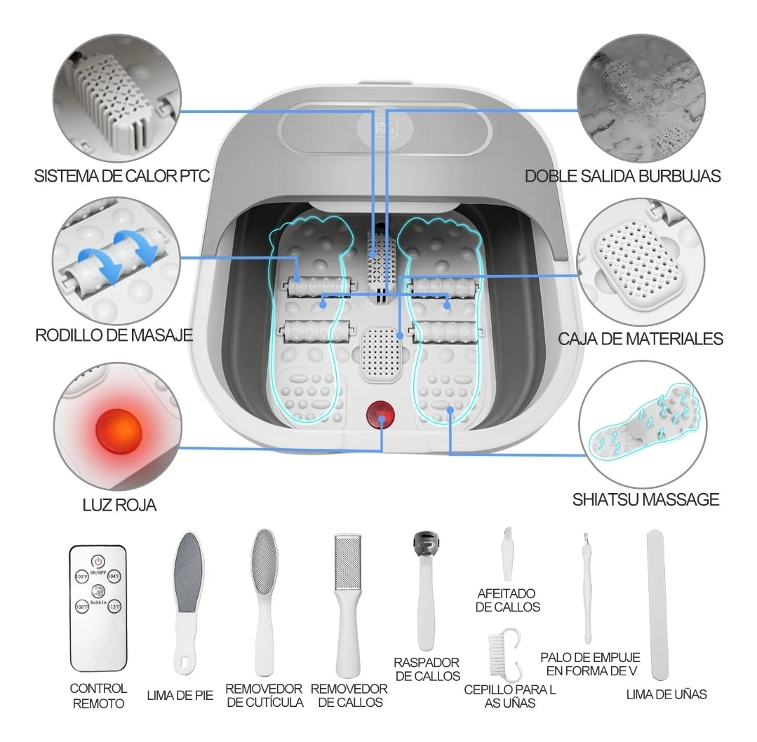 Tina spa eléctrica para pies plegable con burbujas y set pedicura