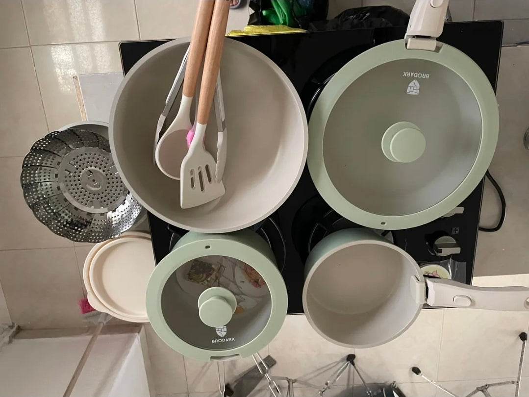 Bateria de cocina antiadherente 21 piezas con mangos desmontables