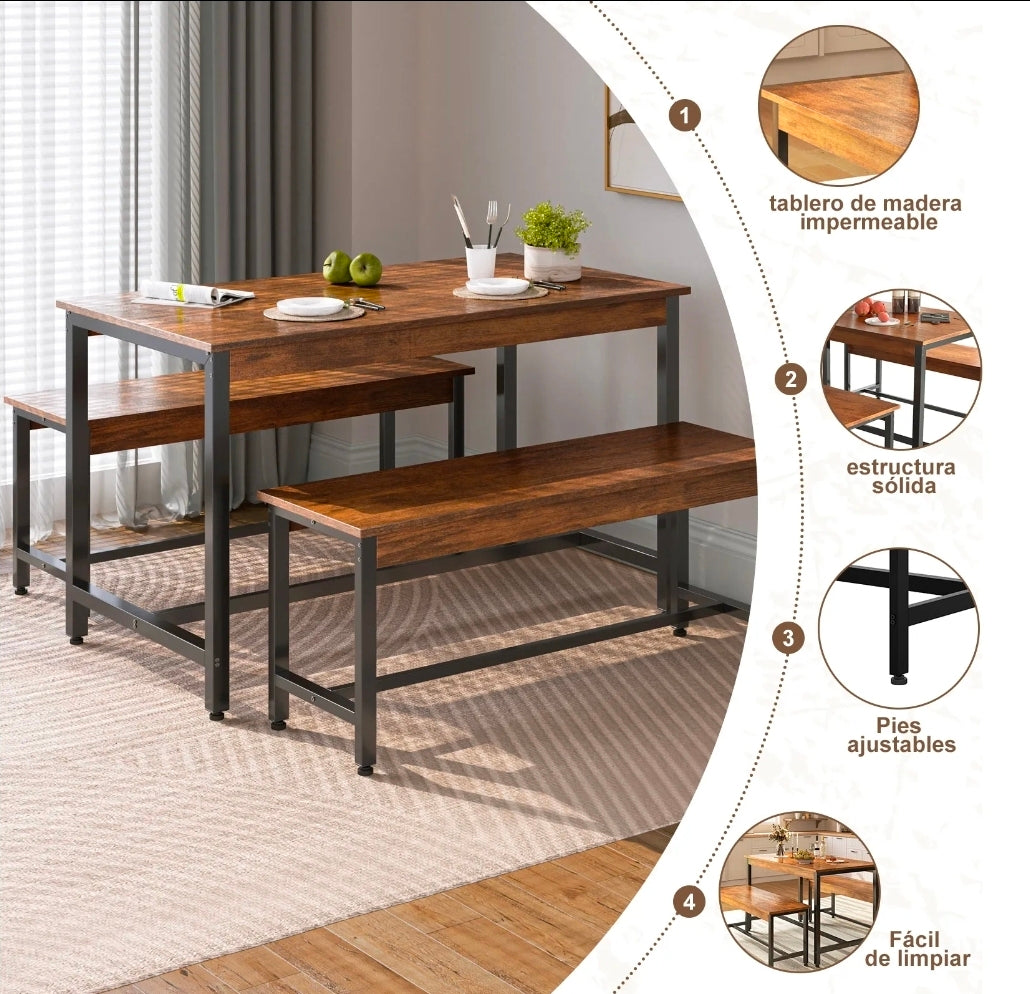Conjunto De Comedor Rectangular Con 2 Bancos Para 4 Personas