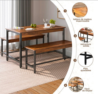 Conjunto De Comedor Rectangular Con 2 Bancos Para 4 Personas